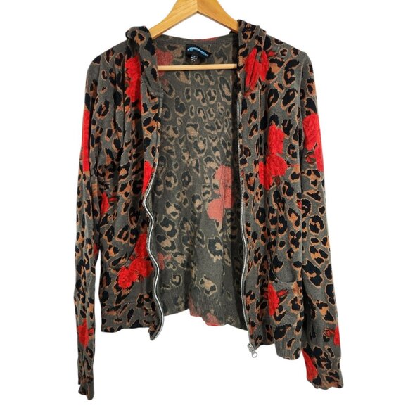 Vintage Y2K TILL THE END Rose Leopard Print Sweater Hoodie M Full Zip Knit 90s - Picture 3 of 5
